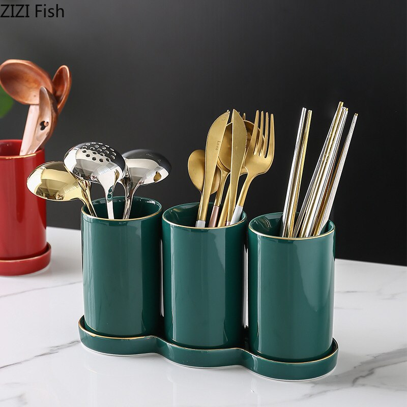 Pot de stockage de baguettes en céramique support de vidange étanche à l'humidité trois pièces costume cuillère en verre vaisselle outil de stockage outils de cuisine à la maison