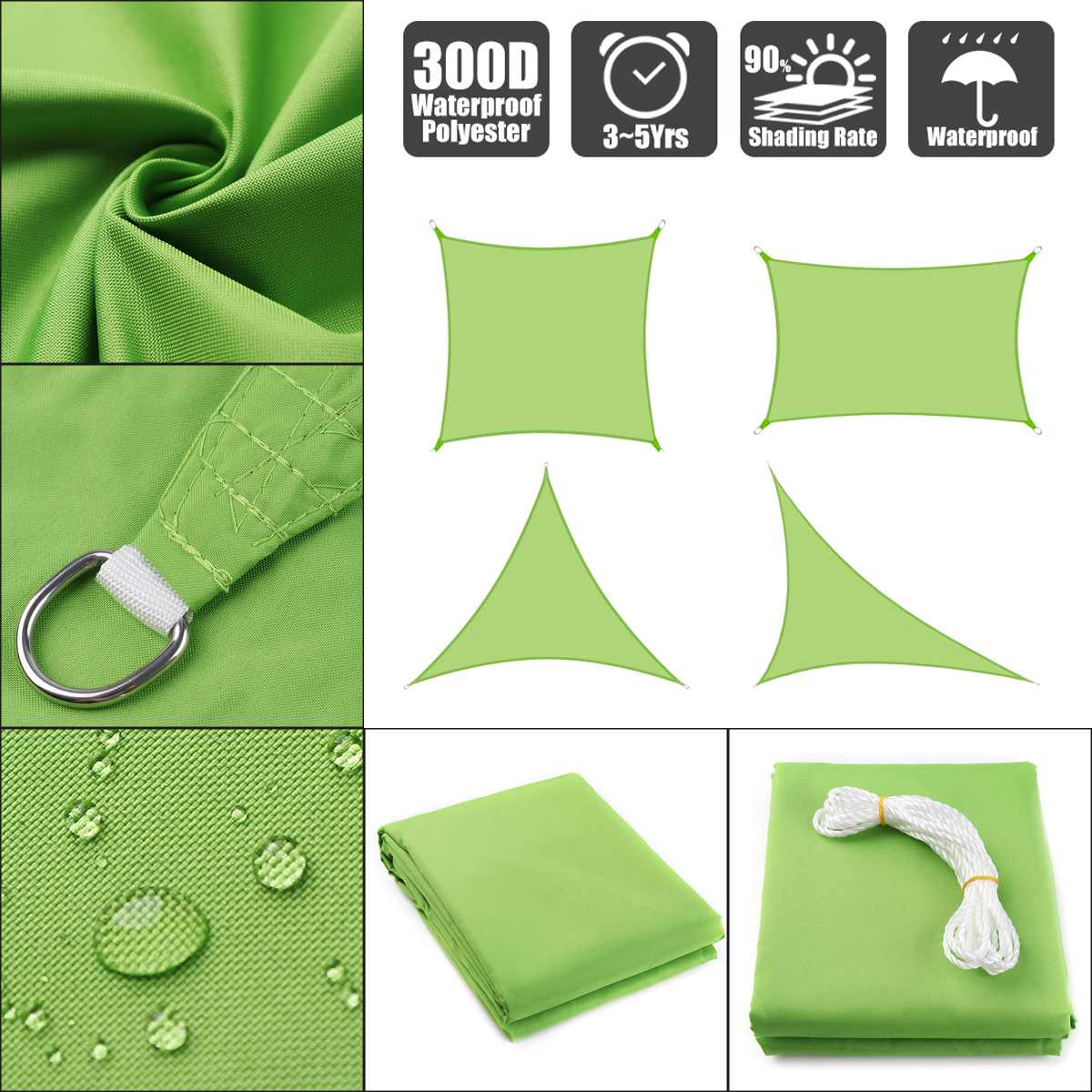 300D Waterproof Sun-Shelter SunShade Sail Outdoor Rectangle Shade Sail Garden Canopy Yard Sail Beach Awning Shade Cloth Green