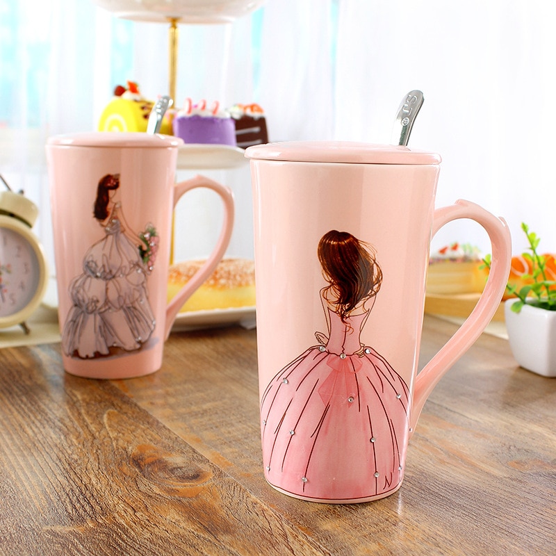 3d rosa vakre jenter i diamantbrudekjole kaffekrus med skje lokk vann te melkekopp