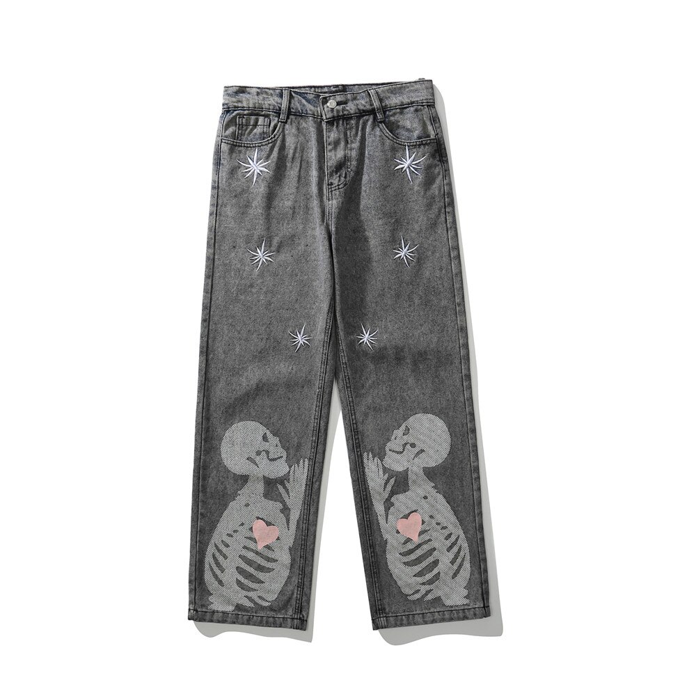 Pantalon en jean à strass pour homme, pantalon en Denim, Streetwear, décontracté, ample, à jambes droites: GRAY / L
