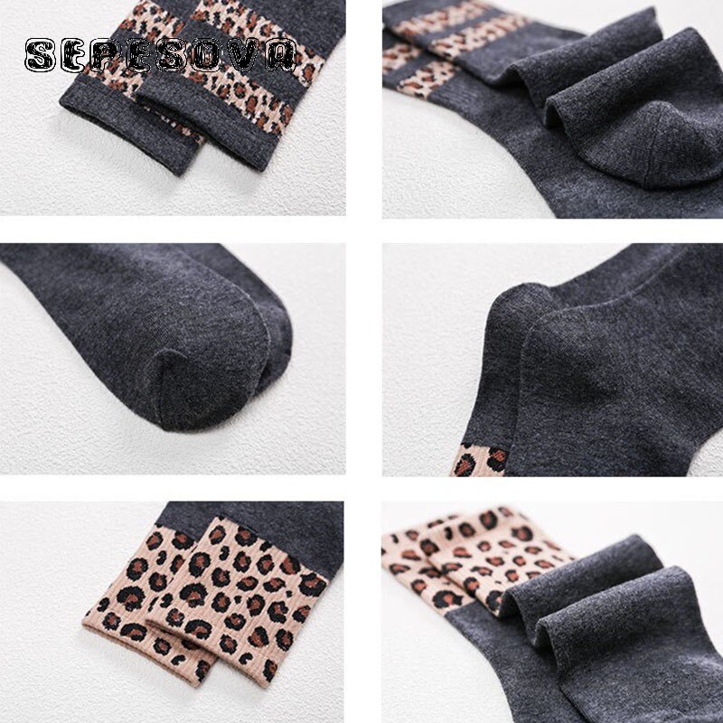 Womens Leopard Sokken Spikkel Streep Zwarte Winter Warme Korte Sok Trend Stijlvolle Blend Casual Elastische Slijtage Vrouw Comfortabele Sox