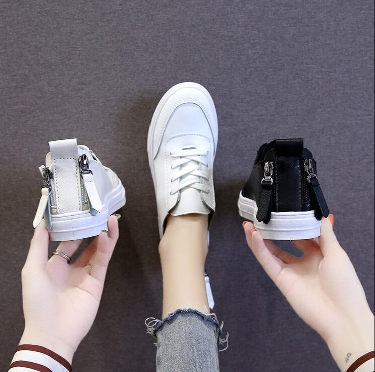 Kvinnor fritidsskor bekväma vita nude sneakers snörning delat läder flickor casual dragkedja plattor skor
