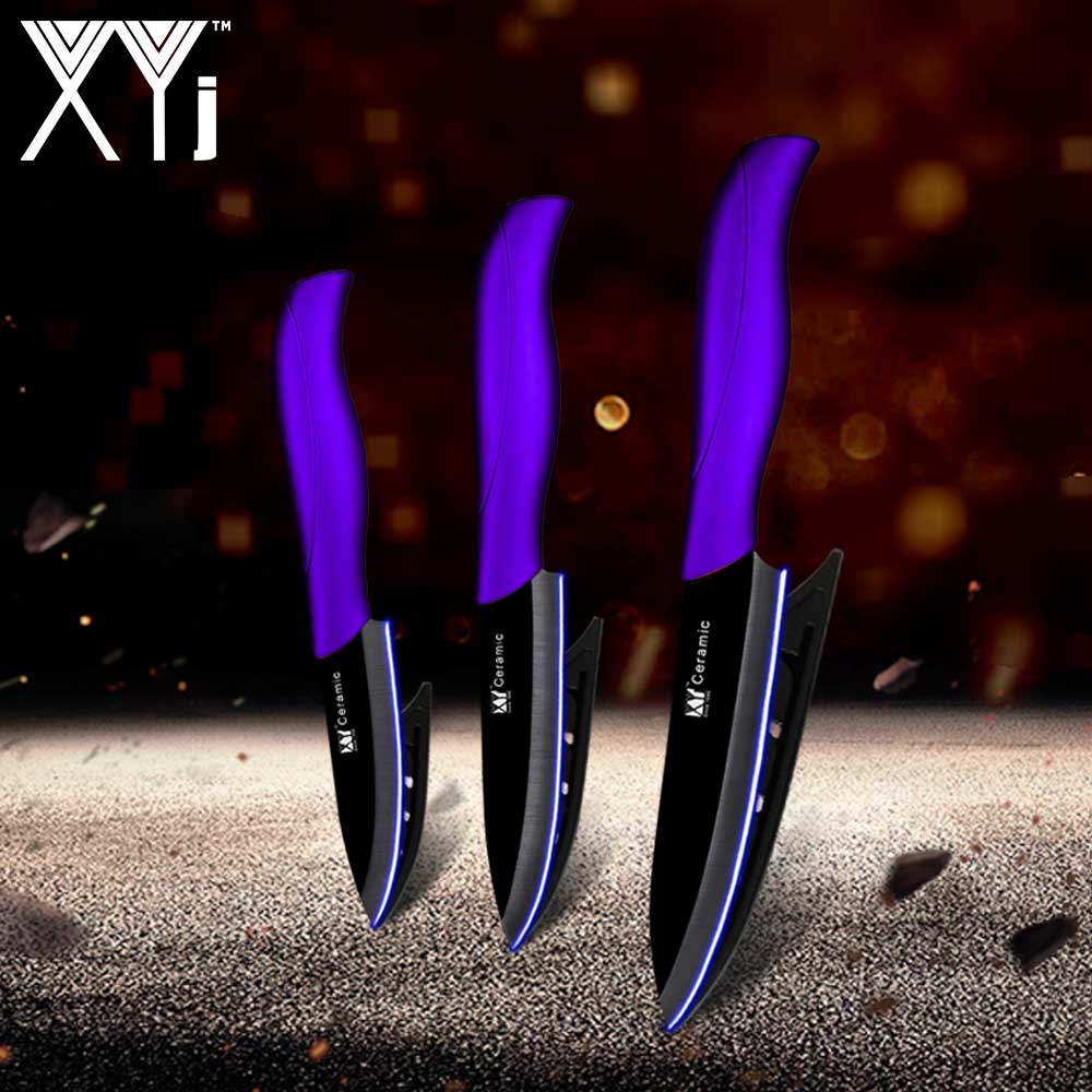 Xyj kök keramiska kniv set 3 " paring 4 " utility 5 " skivare matlagning keramiska knivar skarpt blad bekvämt handtag kockar verktyg: Lila h svart b
