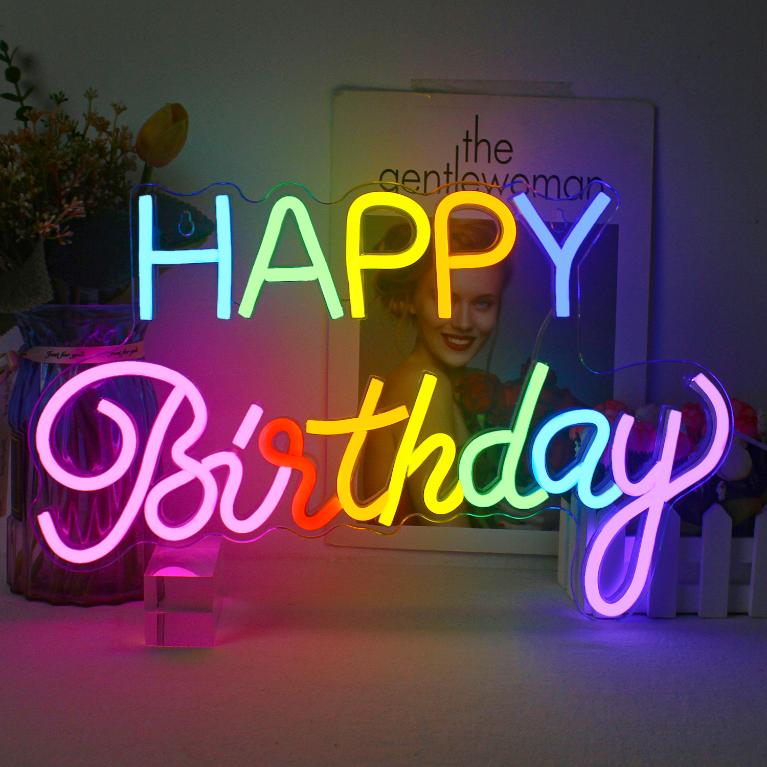 Letrero de neón de feliz cumpleaños, decoración de pared para de cumpleaños, decoración de habitación regulable, lámpara Led acrílica para el hogar, habitación, Bar, de cumpleaños: YELLOW