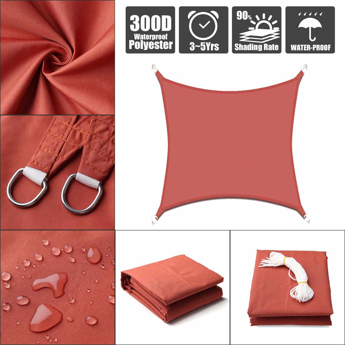 2.5x2.5 3x3 4x4 2x3 2x4 Rust Red Rectangle Square 300D 160GSM Polyester Oxford Fabric Shade Sail Sun