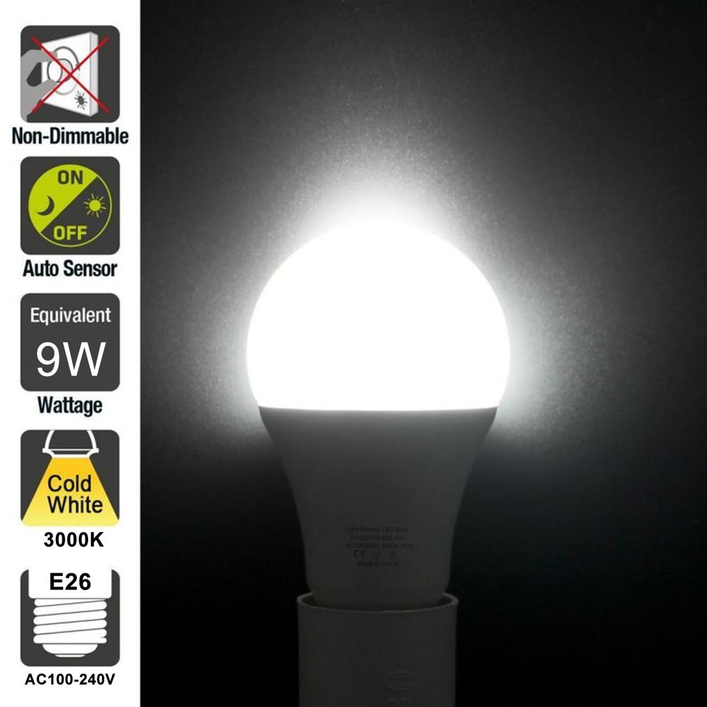 9W E26 Intelligent Light Sensor Led Bulb 3000K With Auto Switch Outdoor/Indoor Lamp Built-In Photosensor Detection