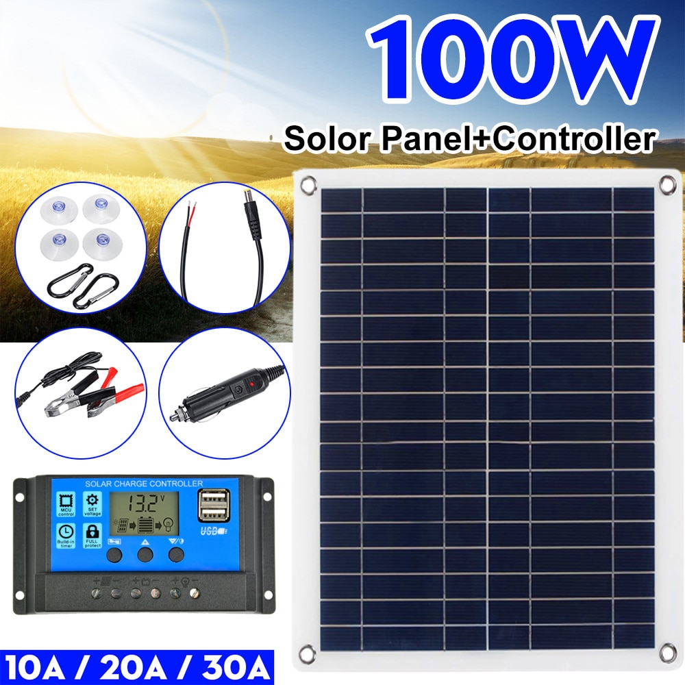 100W Portable Solar Panel Double USB 12V With metal border silicon Solar Panel with Car Charger Crocodile clip ect for Camping