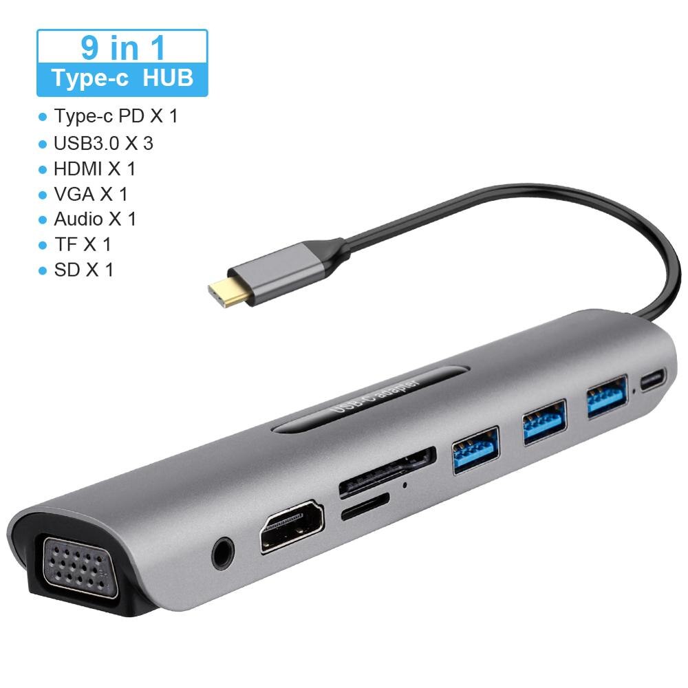 Hub 14-en-1, HDMI RJ45 VGA Triple affichage, HUB 3.0 adaptateur, Dock pour MacBook Pro, lecteur de cartes, séparateur USB type-c, HUB USB: 9 in 1