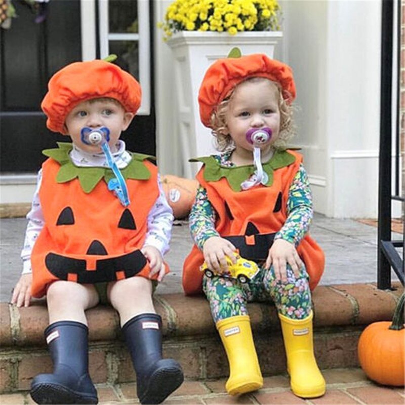 0-3T Neue Halloween freundlicher Baby Junge Mädchen Kürbis Spitzen Strampler Hütte Outfit Halloween Party Phantasie Baby Strampler kostüm Kleidung Orange