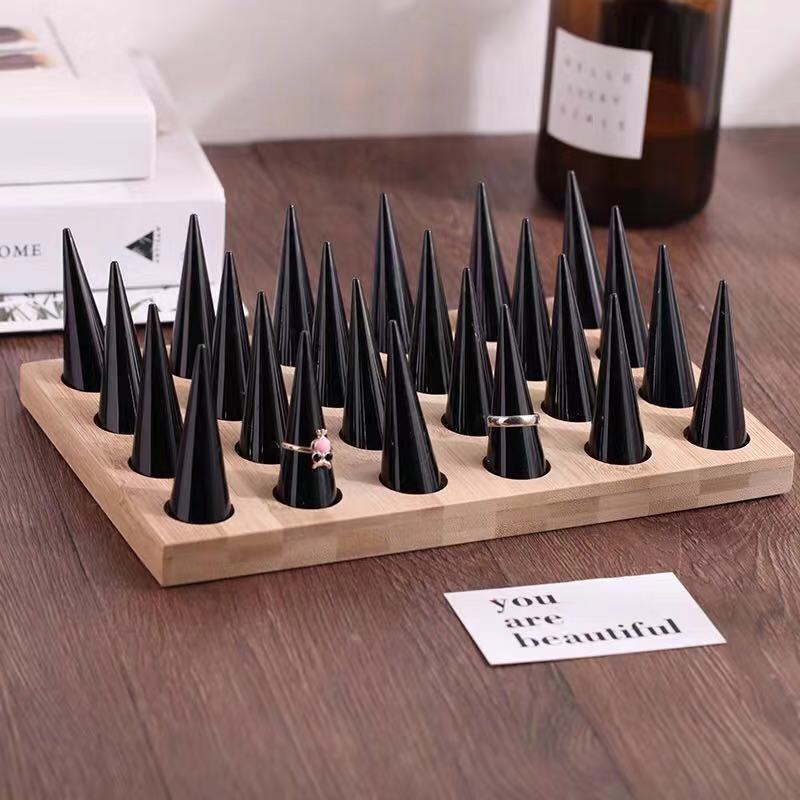 Natural Wood Cone Shape Finger Ring Stand Jewelry Display Holder Showcase Display Stands Rings Bracelet Jewelry Tray: 24bits black
