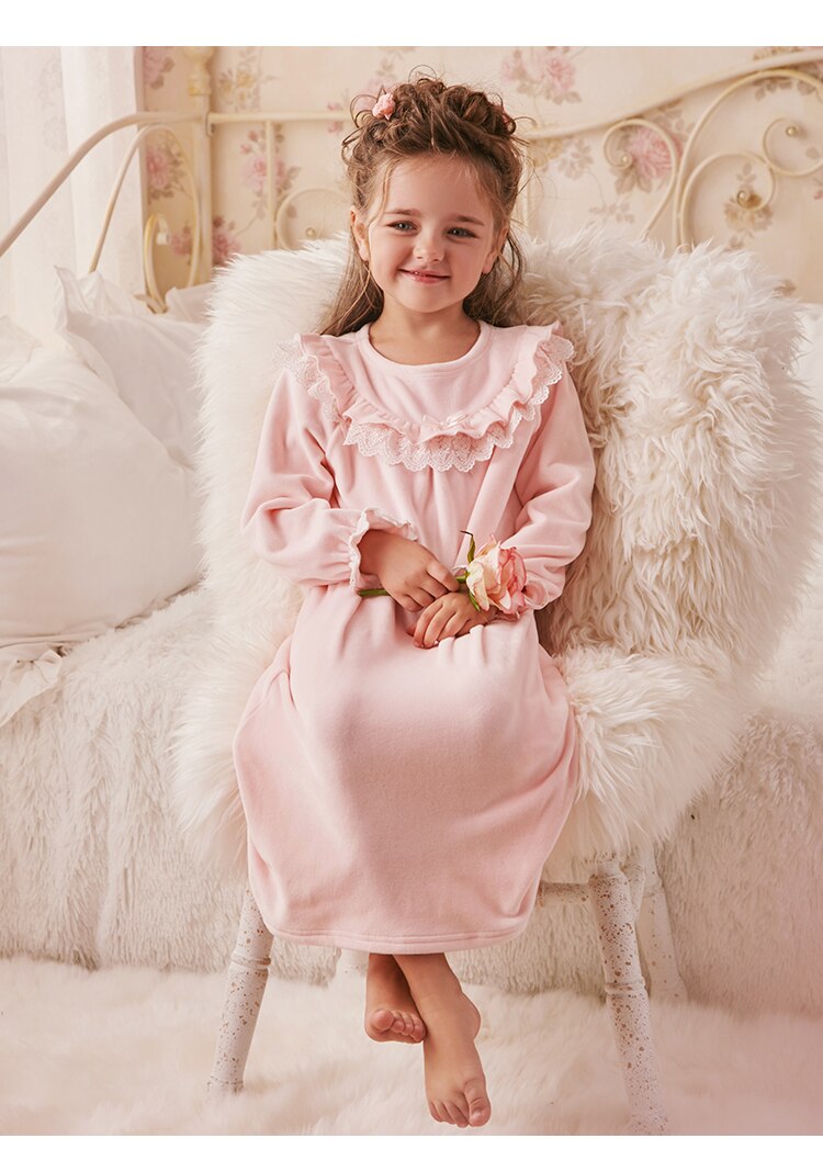 Autumn Winter Thickening Warm Nightgowns For Baby Girls Long Sleeve Loose Mid Length Bathrobe Toddlers Kids Home Sleeping Dress