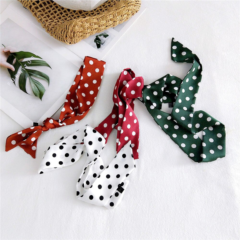 Spring Summer Women's Polka Dot Printed Silk Stain Hair Ribbon Tie Scarf Female Black White Green Yellow Bag Scarves