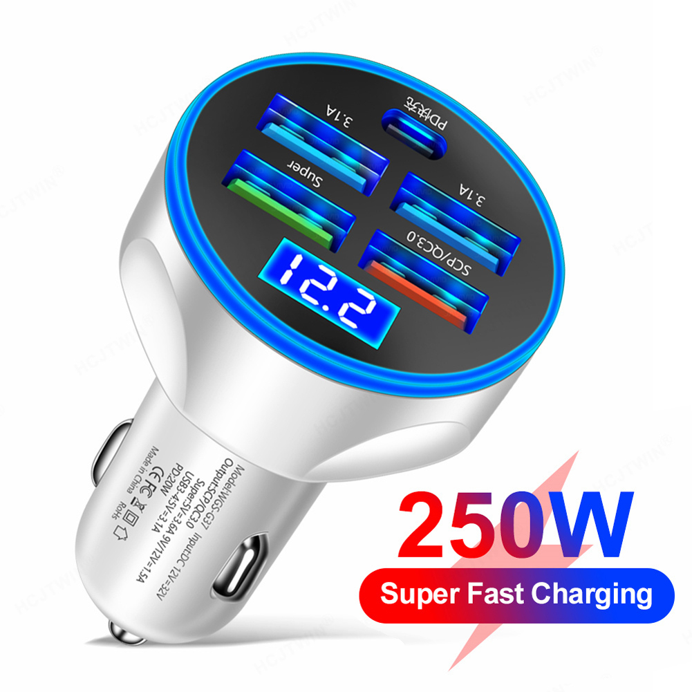 250W PD Autoladegerät 5-Hafen Schnellladung QC 3.0 USB-C Auto-praktisch-Ladegerät Typ-C-Adapter für iPhone Xiaomi Huawei: khaki
