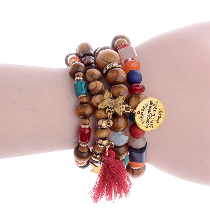 4 Colors Bohemia Wood Bracelets For Women Colorful Beads&Tassel&Butterfly Strand Bracelets Beaded Bracelet HXB025