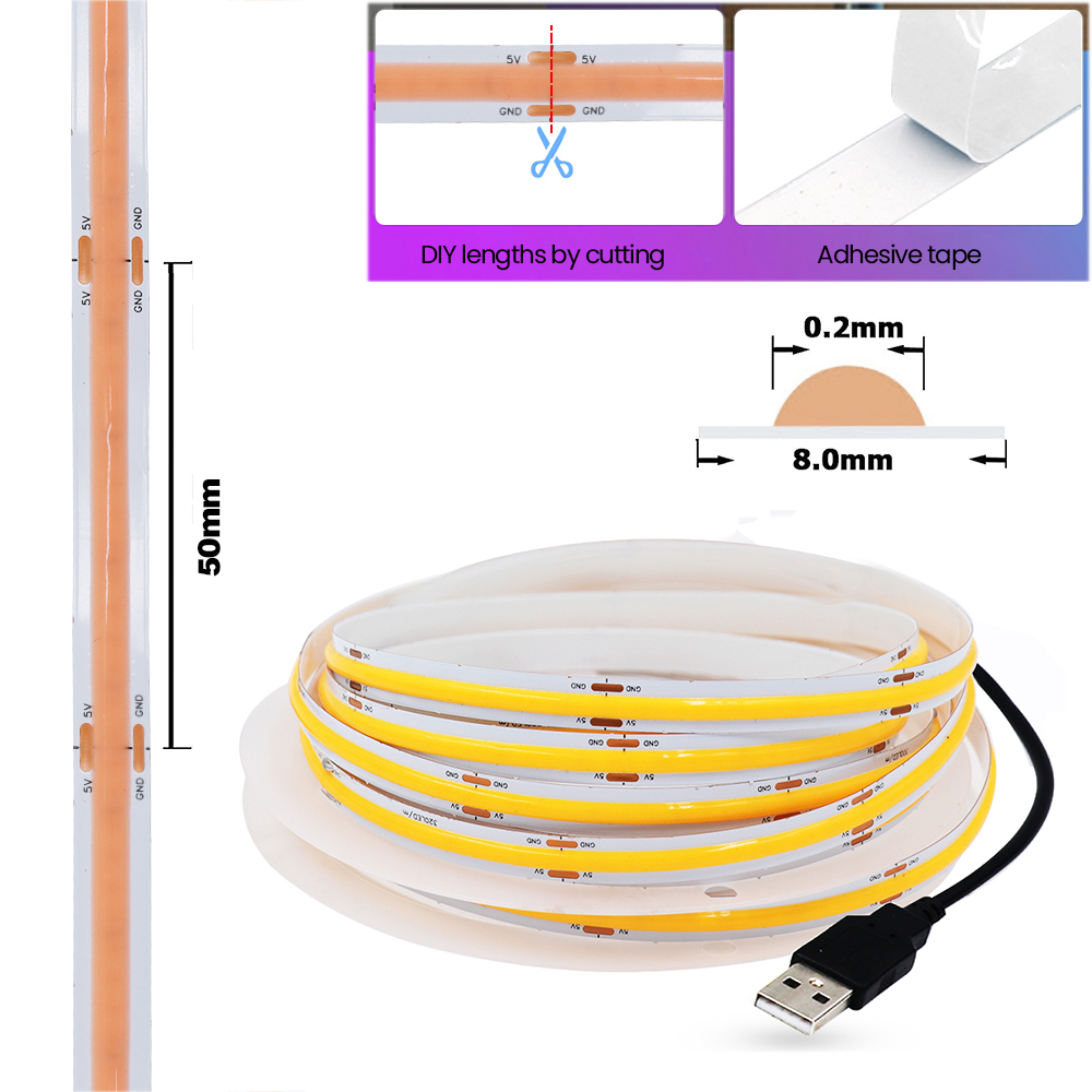 Tira de luces LED COB para iluminación trasera de TV, cinta Flexible de 5V CC, USB, 320LED/M, Blanco/azul hielo/rosa/amarillo/rosa/rojo/verde, lámpara de noche