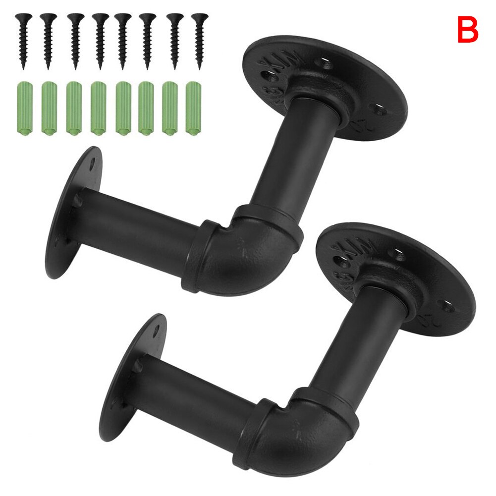 2pcs Industrial Wall Mounted Iron Pipe Shelf Bracket Floating Shelf Holder Black Durable H99F: b