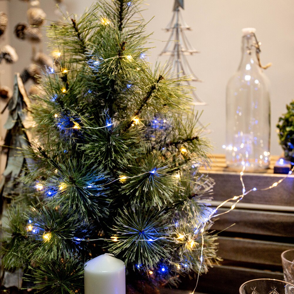 Guirnalda de luces LED de alambre plateado, adaptador impermeable para árbol, decoración de vacaciones de Navidad al aire libre, 50M, 1000 LED, azul, blanco cálido