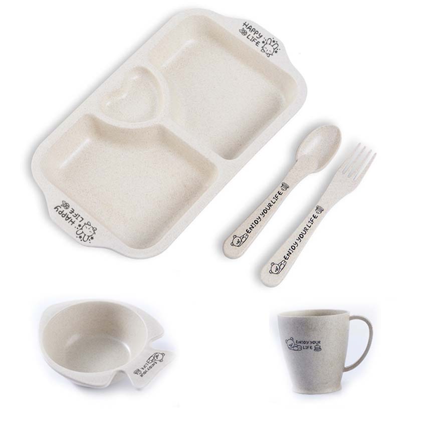5Pcs Child Tableware Wheat Straw Sange Snack Tray with Spoon Fork Cup Skid Platter Tableware Baby Eating Supplies Beautiful Tray: Beige Heart 3GridSet