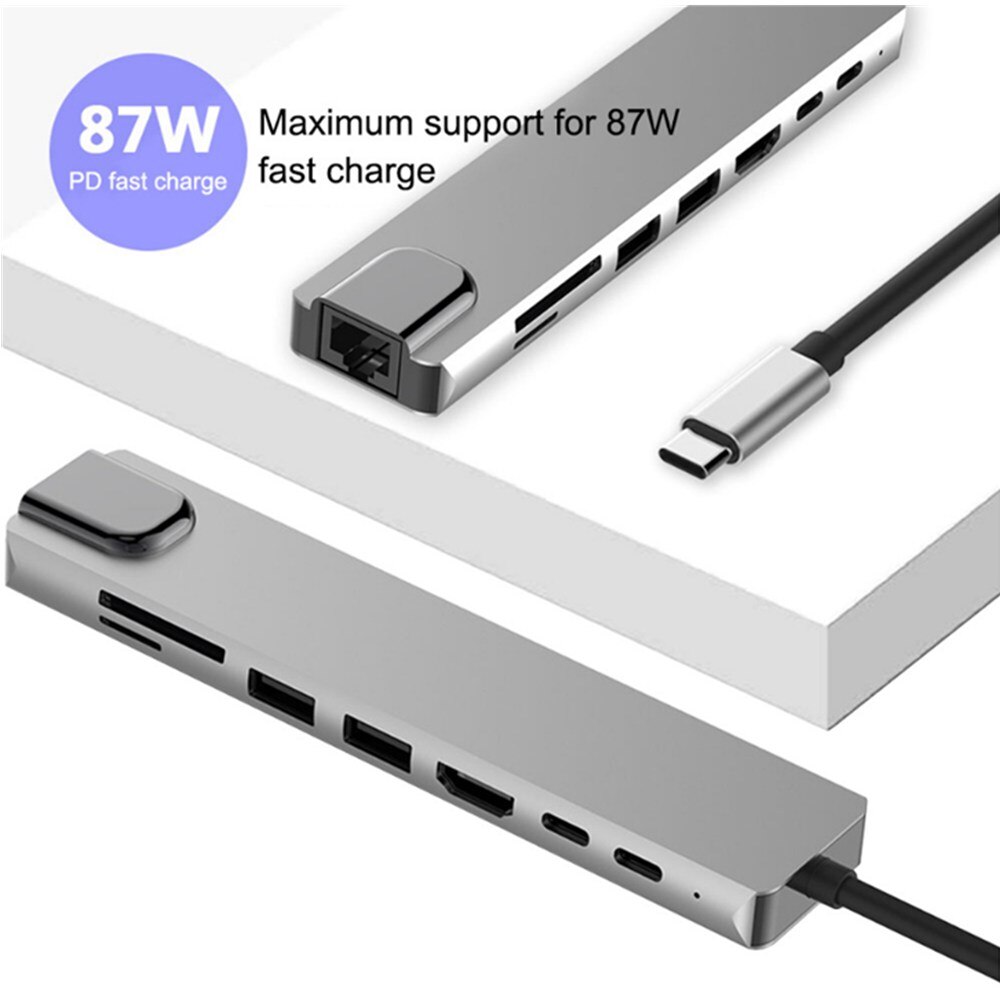 USB3.0 1080P 8-In-1 Type-C Docking Station, usb Hub Naar Hdmi + RJ45 + Pd + USB3.0 Docking Hub, 4K Hd, pd Snel Opladen.