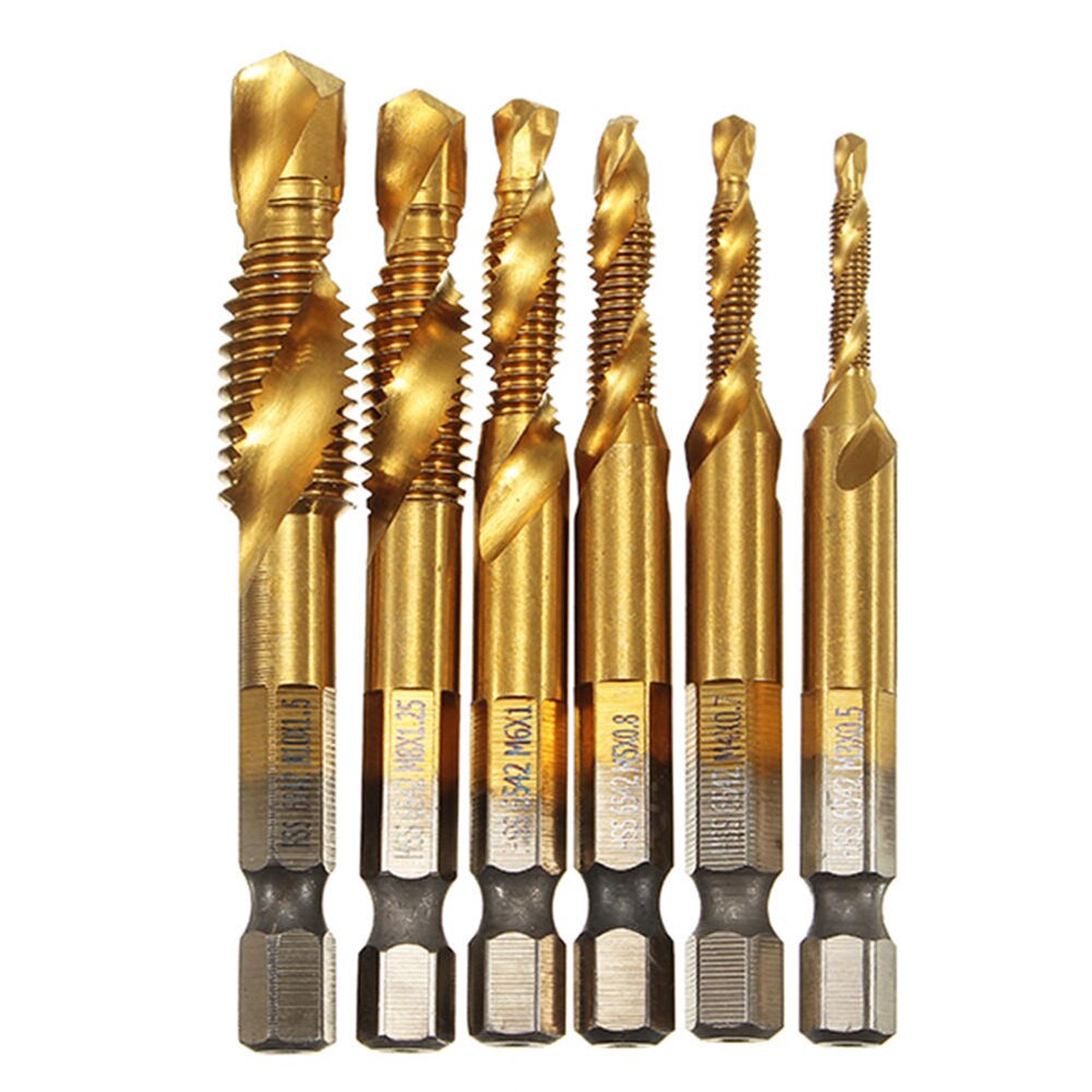 6Pcs M3-M10 Screw Tap Drill Bits HSS Screw Thread Woodworking Metric Tap Combination Bit High Speed Steel Titanium 1/4 Hex Shank: Gold