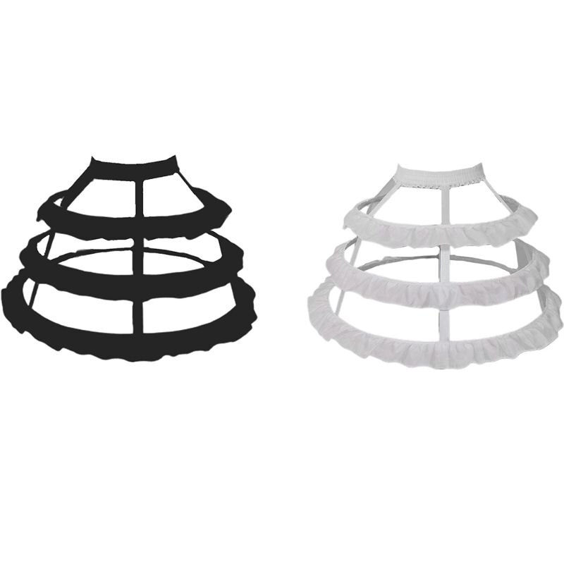 Women 3-Hoop Petticoat Skirt Hollow Out Ruffles Japanese Lolita Dress Pannier Bird Cage Wedding Cosplay Crinoline Underskirt