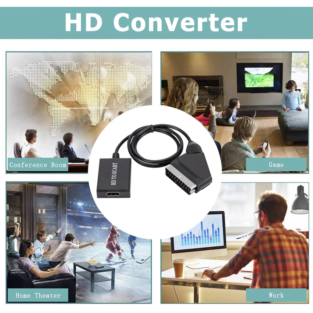 Hdmi-kompatibel til scart video-lydkonverteradapter til hd-tv, dvd til skybox, stb, plug and play-strømkabel