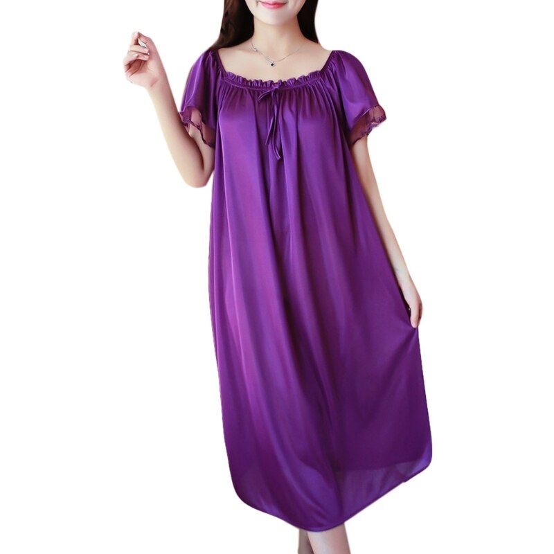 83XC Womens Summer Lace Ice Silk Nightdress Short Sleeve Loose Plus Size Nightgown XL: PL