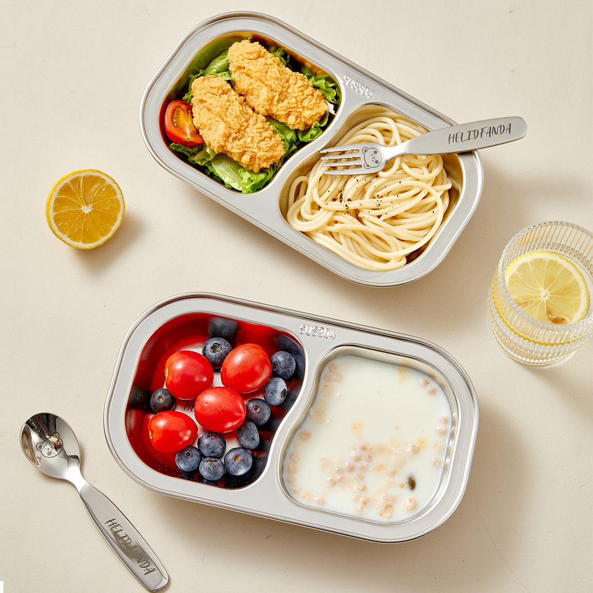 WORTHBUY Stackable 304 Stainless Steel Dinner Plate Kid Divided Dining Plate Cute Snack Tray With Compartments Kitchen Tableware