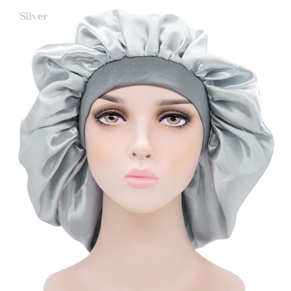 Doppel Schichten Frauen Satin Bonnet Stretch Breite-Krempe Seidige Schlummertrunk Größere Größe Dusche Kappe TB-189/190: Solid Silver