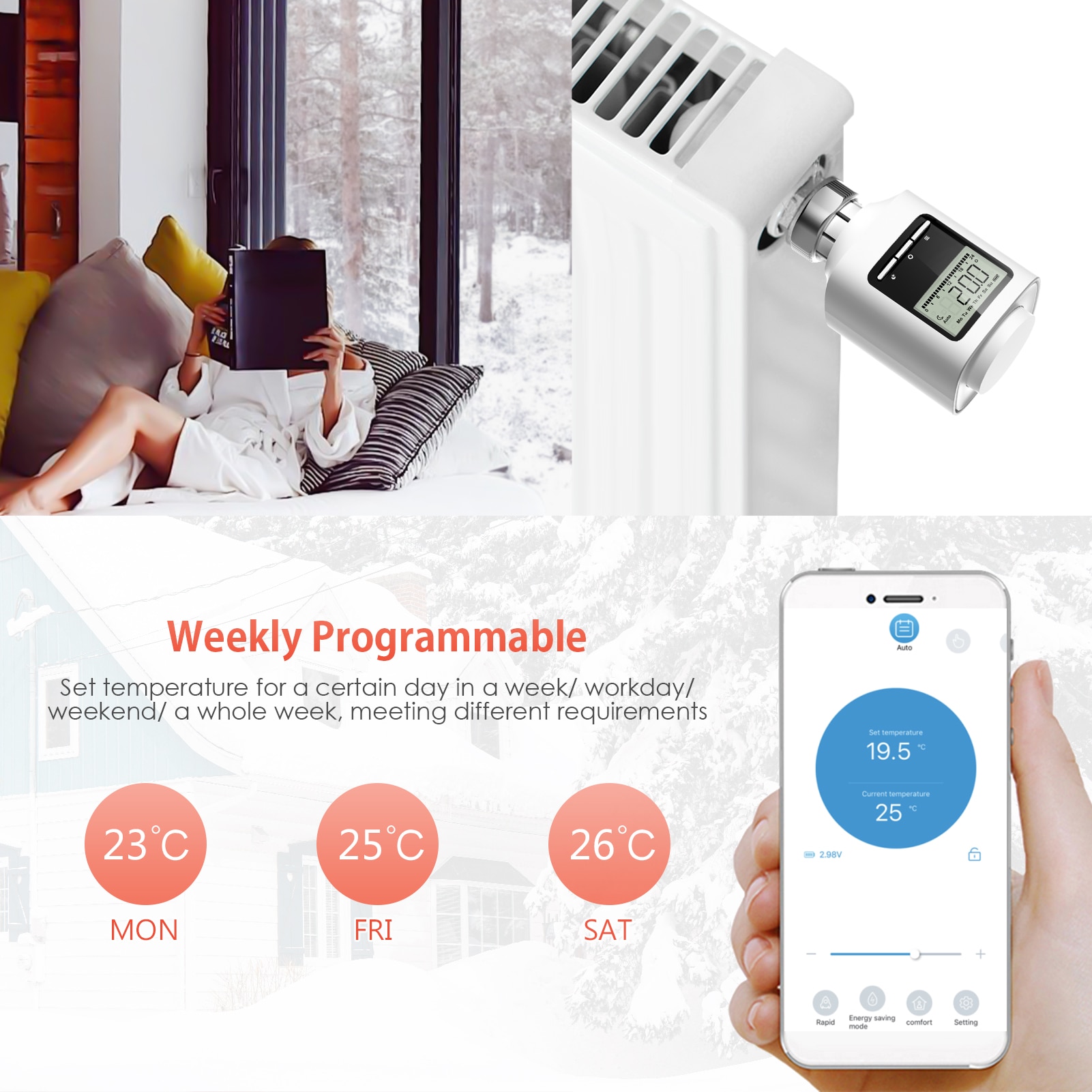 Thermostatic Radiator Valve Weekly Programmable Smart Heating Radiator Thermostat APP Control Voice Control Window-Opening