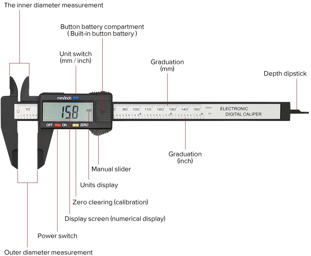 Electronic Digital Caliper 0-150 mm Plastic Vernier Caliper Measuring Tool with Inch/Millimeter Conversion Micrometer Ruler