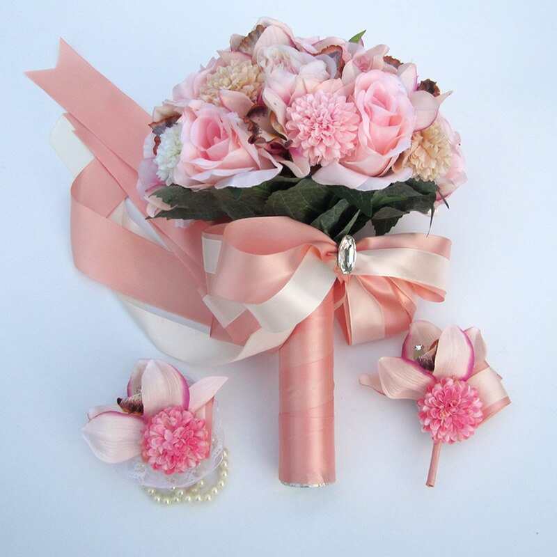 Kyunovia soie mariage Bouquet fleurs mariage souvenir Bouquet mariée Bouquet corail Rose et Rose hortensia mariage Bouquet FE36: 3PCs SET Blush