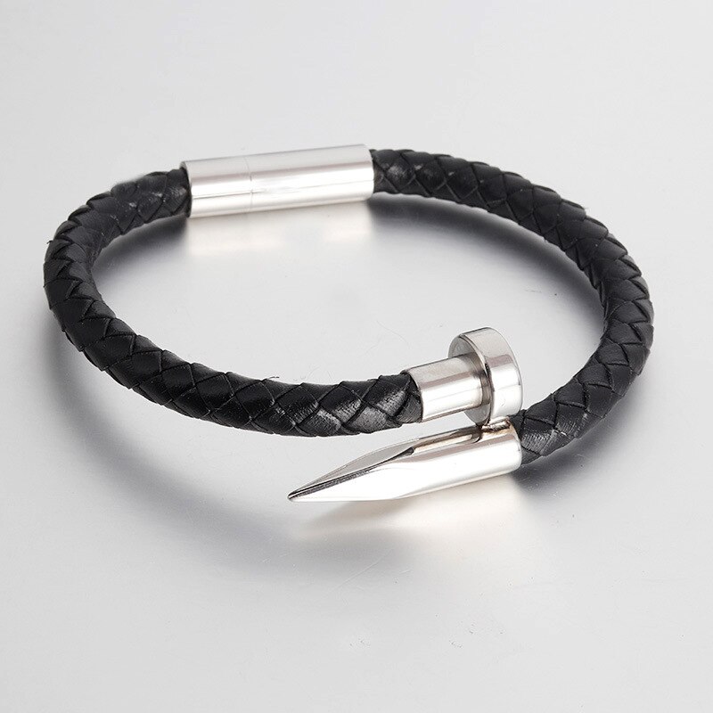 Nail Armband Lederen Touw Rvs Magneet Mannen Gevlochten Armband Handgemaakte Lederen Armband Sieraden: Silver