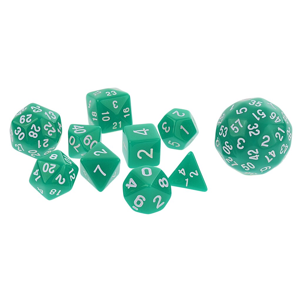 Pacote de 10 dados Set-D4, d6, d8, d10, d12, d20, d24, d30, d60 dados acrílicos multicolorido jogo de tabuleiro dados festa jogos de azar: Green