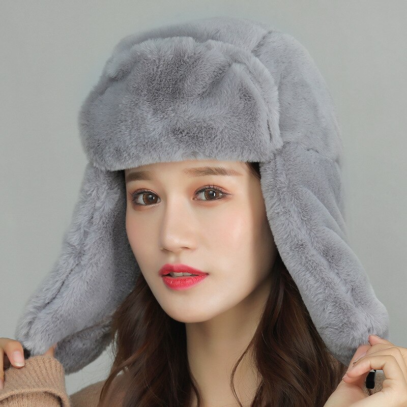 Gorros de mujer lisos de , gorro de lana de invierno para exteriores cálido y mullido con orejeras de piel sintética, gorro de esquí grueso, gorro de aviador, gorro para hombre: Grey