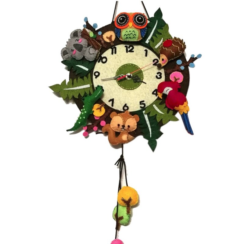 Felt Wall Clock Free Cutting Felt Material DIY Package Forest Animal Theme Handmade Cloth Clocks