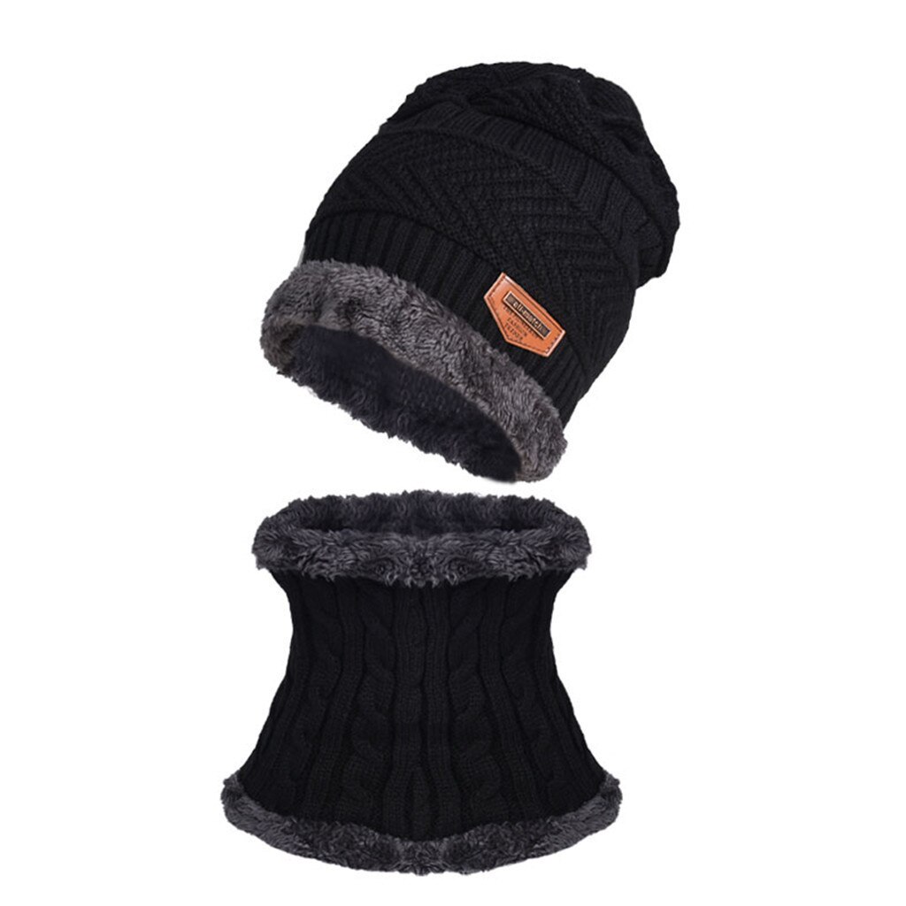 Heren Winter Hat Cap Kraag Set Winddicht Plus Fluwelen Dikke Gebreide Hoed Effen En Uitlaat Mannen Warme Muts Sjaal set Motorkap Femme Hiver: Black