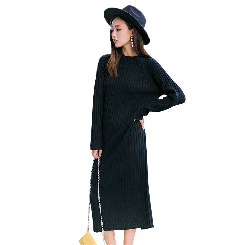 Warm Autumn Winter Slim Knitted Sweater Long Dresses Draped Straight Dress Mid-Calf Black White Thick Casual Dress Mw016