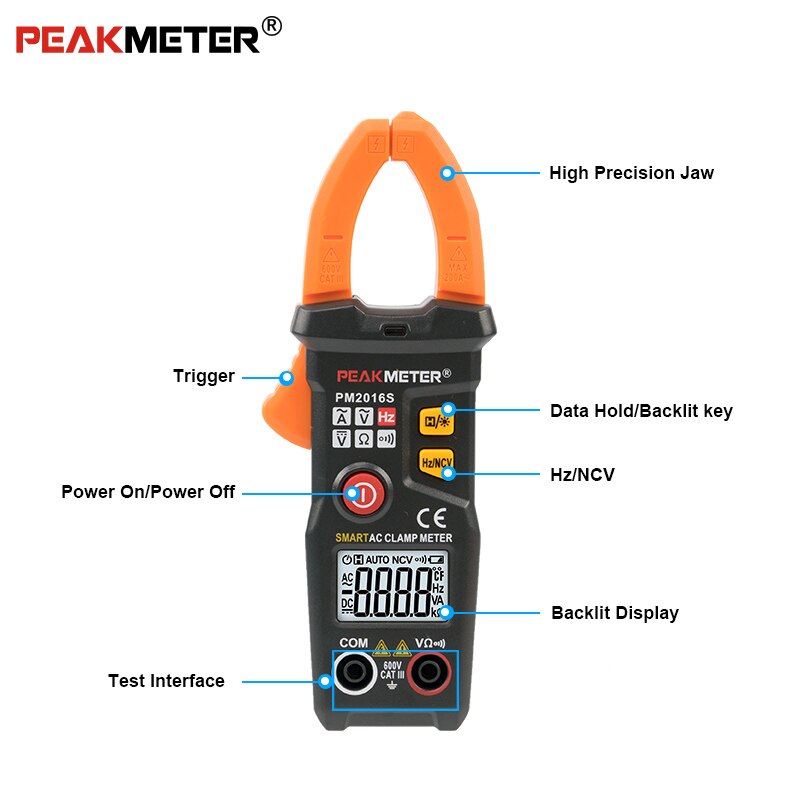 Official PEAKMETER PM2016S Smart Mini Digital AC Clamp Meter Multimeter with Resistance frequency data hold NCV tester