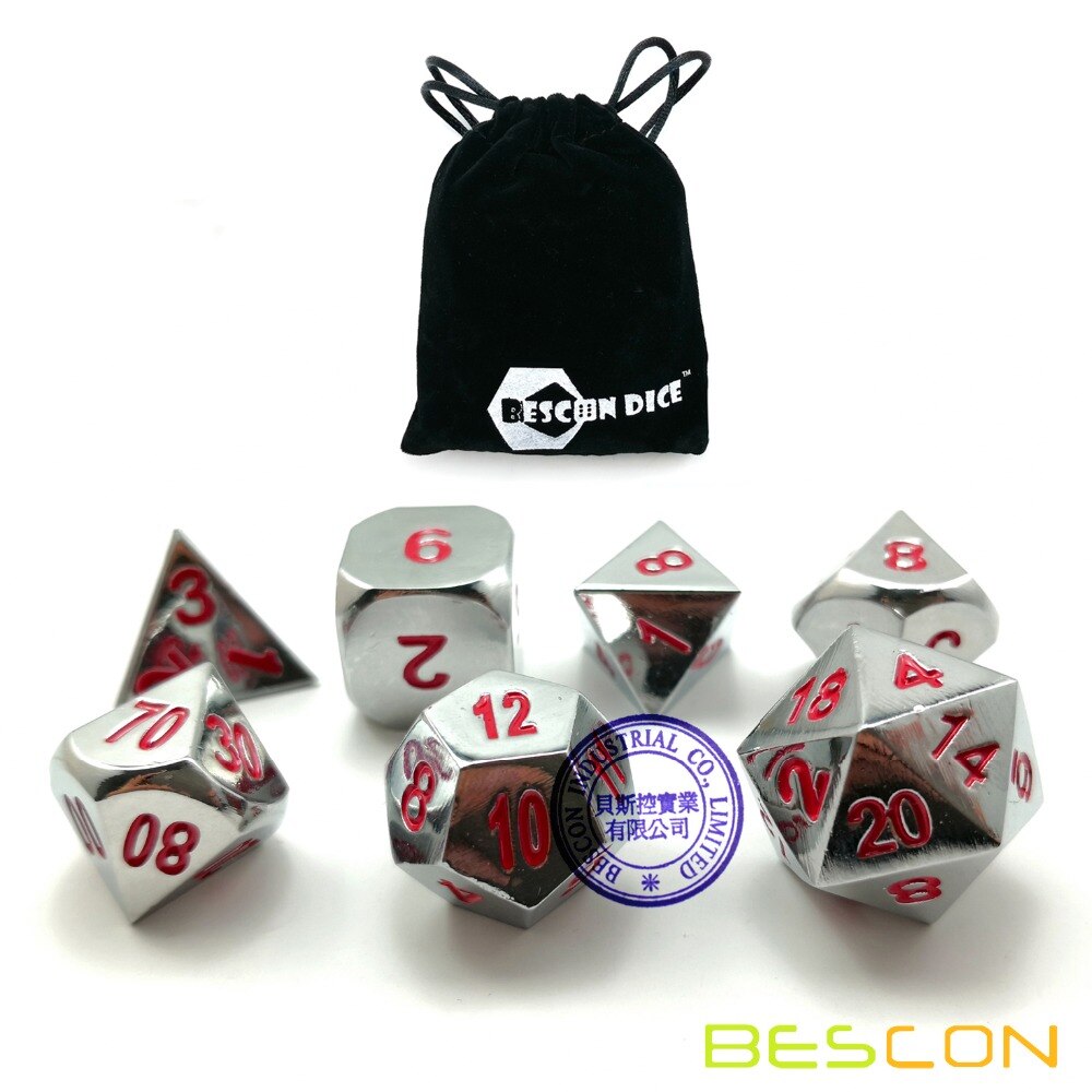 Bescon Zware Shiny Chrome Metal Dice Set Van 7, solid Metallic Chrome Polyhedral Rol Playing Game Dobbelstenen Set W/Rode Cijfers