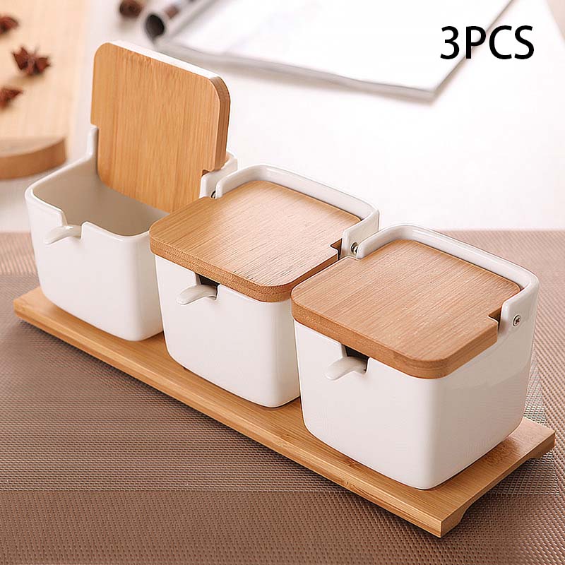 Keramik Salz Container Küche würzen Töpfe Pfeffer Gläser Lagerung Mit Deckel Löffel Porzellan Kasten Bambus Abdeckung Würze Gewürz Gestell: 3Stck Weiß Töpfe