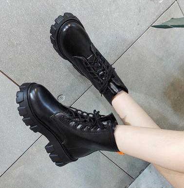 Martin boots med snörning dam stövlar med rund tå för kvinnor stövlar bekväma gummiskor dam vardagsstövlar höst pu: Mörkgrå / 6.5