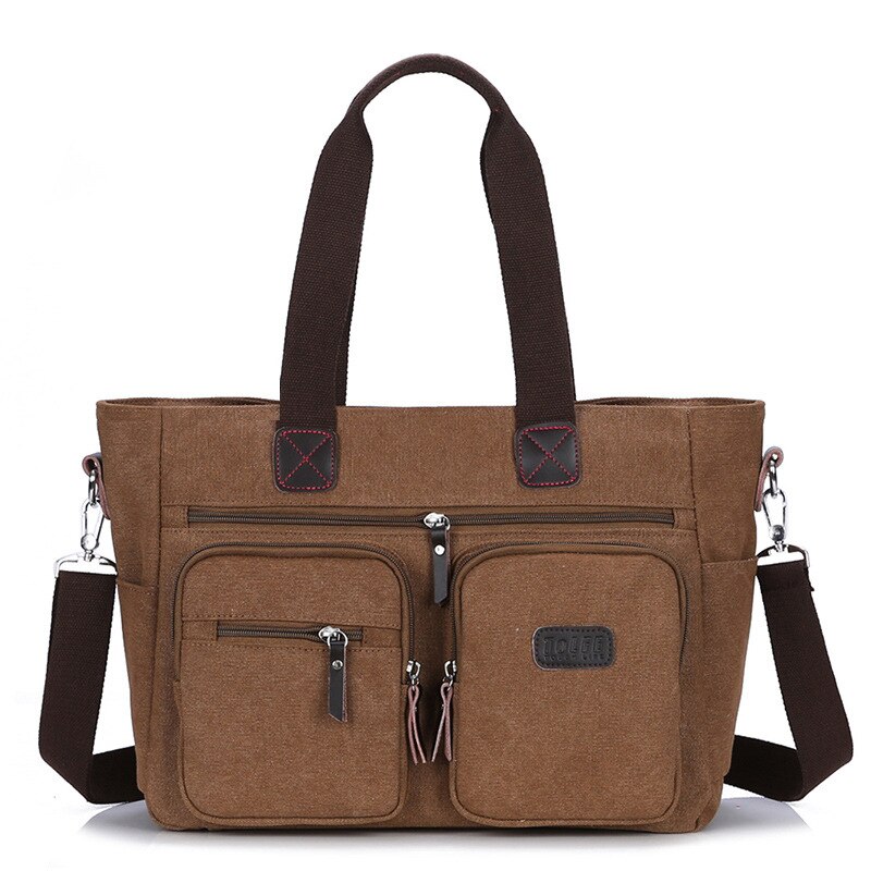 Men's Canvas Briefcase Business Handbag Multi-pocket Shoulder Crossbody Bag Laptop Office File Storage Organizer Men Bags: coffee