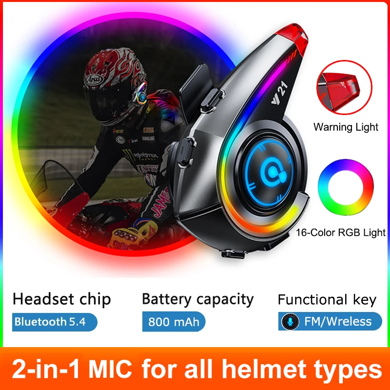 V5.4 Motorhelm Headset Hoofdtelefoon Draadloze Motobike Stereo 16-kleuren RGB-verlichting met FM-radio automatisch zoeken Oortelefoon