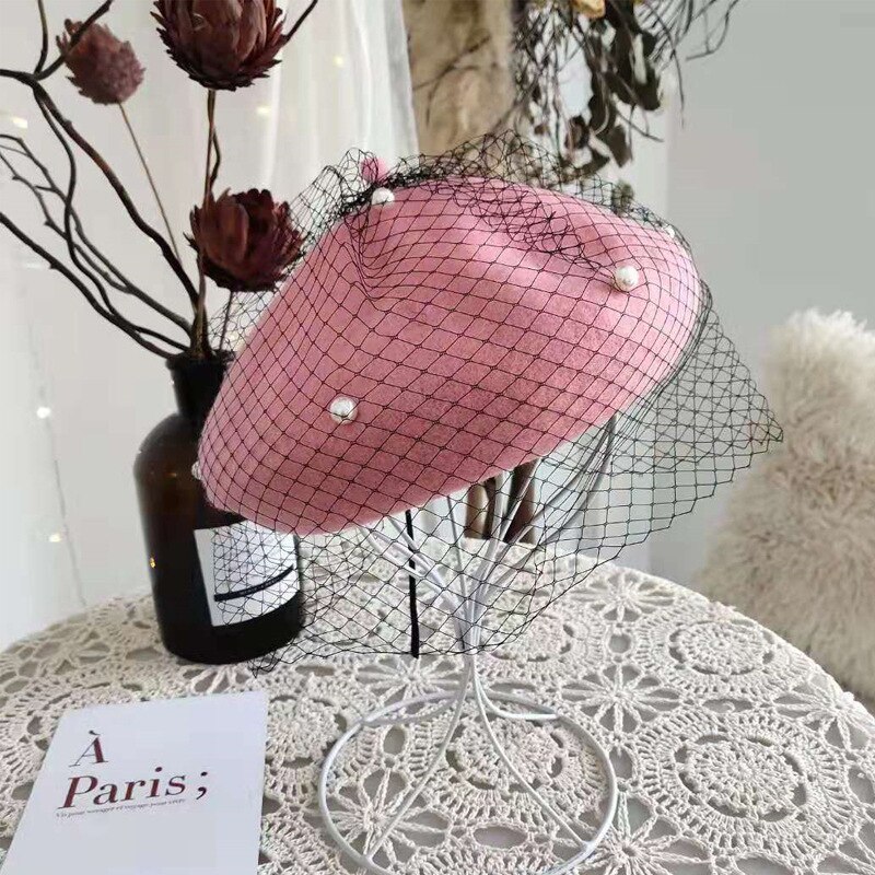 Lady Autumn Winter Berets Hat Pearl Lace Veil Painter Hat Women Sweet Vintage Berets Caps Female Bonnet Warm Walking Cap: 04