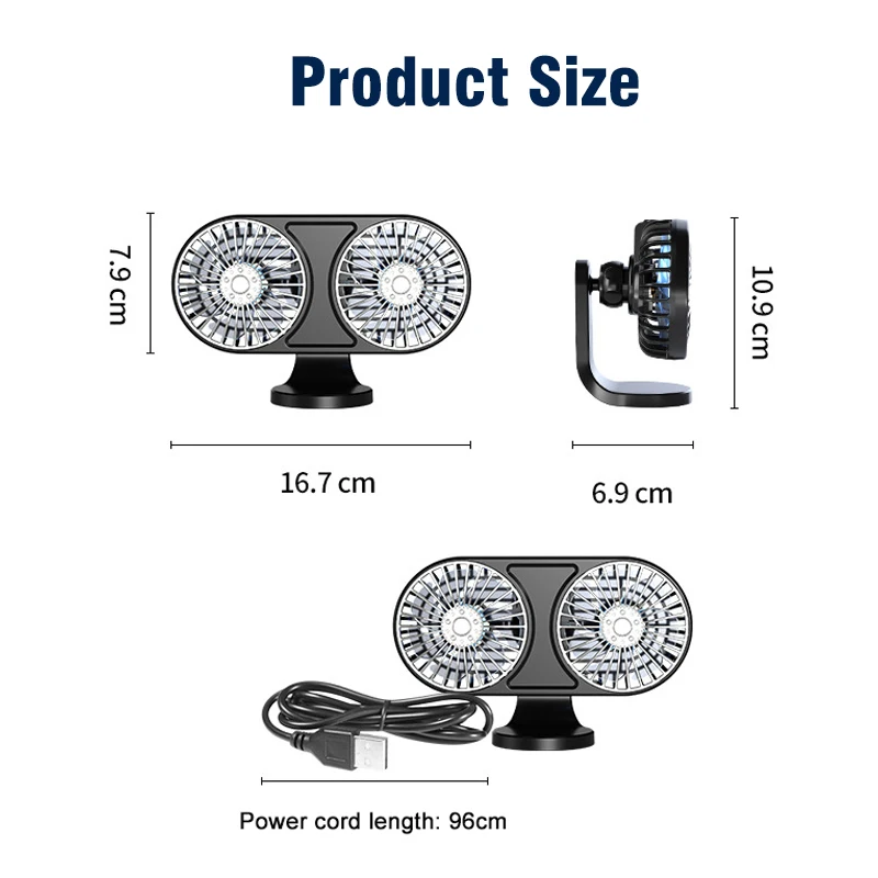 EAFC Car Cooling Fan Double-Head Low Noise 5V USB Electric Car Cooler 360° Rotating Car Air Outlet Dashboard Fan Electrical