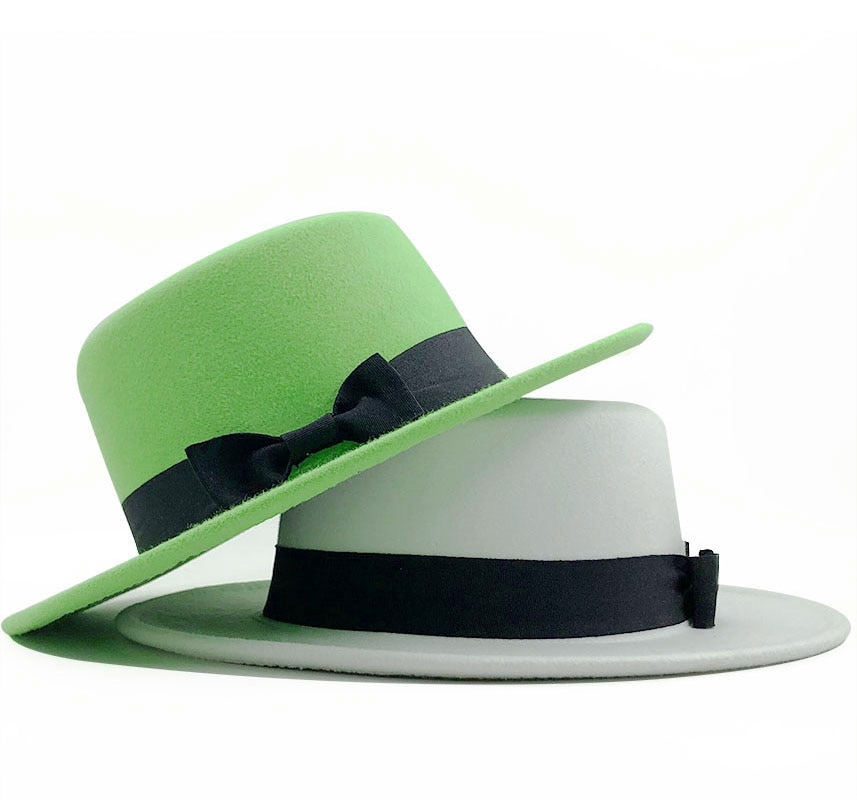 white Wool Boater Flat Top Hat For Women's Felt Wide Brim Fedora Hat Laday Prok Pie Chapeu de Feltro Bowler Gambler Top Hat