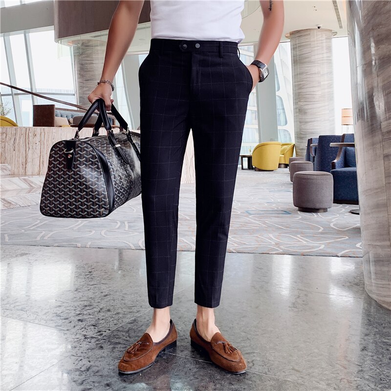 Pantalon Costume Spring Summer Plaid Casual Dress Ankle Pants Men's Social Trousers British Style Ankle-length Mens Dress Pants: Black / 34