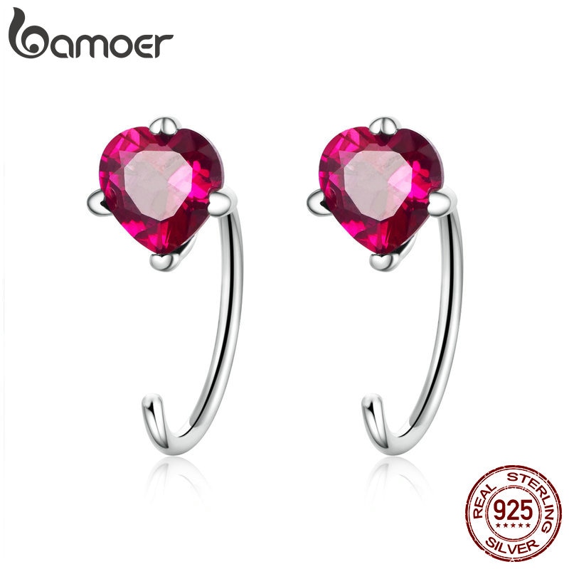 BAMOER romantique 925 en argent Sterling battement de coeur forme rose rouge CZ boucles d'oreilles pour les femmes bijoux en argent SCE531