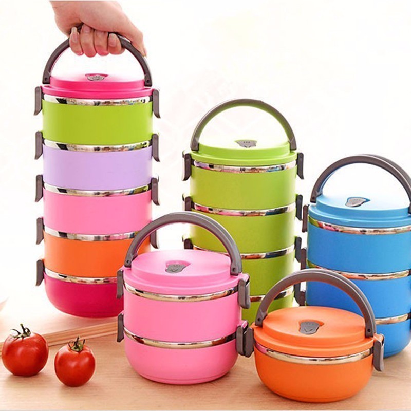 4 Colors Solid Round Bento Box Insulation Stainless Steel Lunchbox Student Bowls Thermos Food Containers Kitchen Dinnerware
